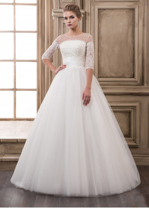 Sheer Neck Ivory Pearls Tulle Floor Length Wedding Dress 